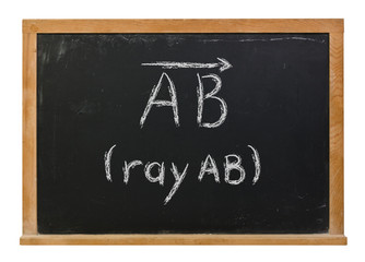 Ray AB written in white chalk on a black chalkboard isolated on white