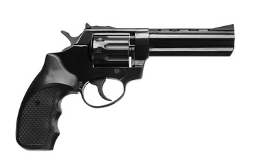 Black pistol revolver isolated on white - obrazy, fototapety, plakaty