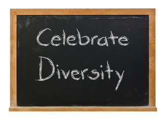 Celebrate diversity written in white chalk on a black chalkboard isolated on white