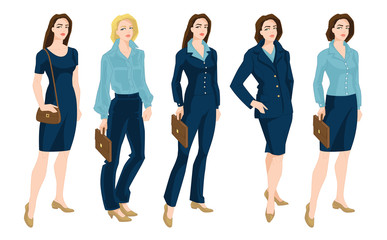 Fototapeta premium Vector illustration of corporate dress code. Business girl, teacher and secretary in formal clothes. Base wardrobe.