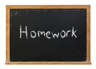 Obraz premium Homework written in white chalk on a black chalkboard isolated on white 