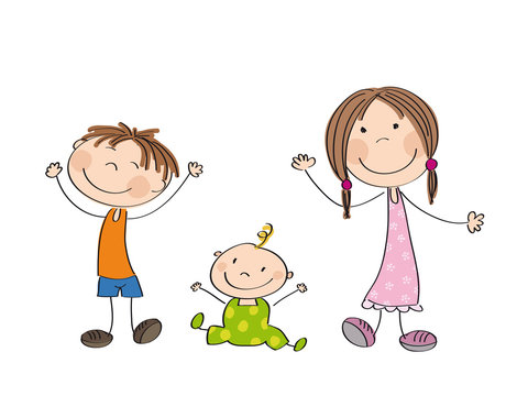 Happy kids - original hand drawn illustration of three happy children - boy, girl and little baby