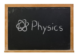 Fototapeta premium Physics written in white chalk on a black chalkboard isolated on white 