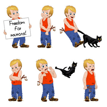 Vector Illustration little hellion boy set emotions. Boy has untidy appearance and holding in his hand a slingshot