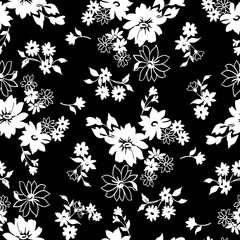 Tiny flowers seamless pattern, vector, black and white