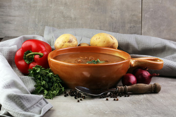 Tasty Hungarian beef goulash soup bograch close-up on the table and ingredient