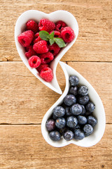  blueberries and raspberries in the white dish on wood