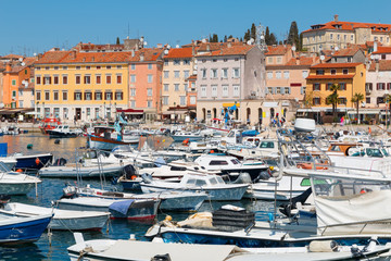 Beautiful medieval town of Rovinj, colorful  with houses and church the harbor