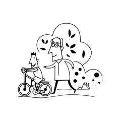 kids Learn bike with grandpa cartoon illustration