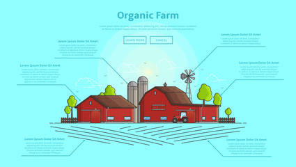 Concept of web banner with farm and infographic. Color vector illustration in linear style with farm landscape. Background with farming line elements. © Yaran