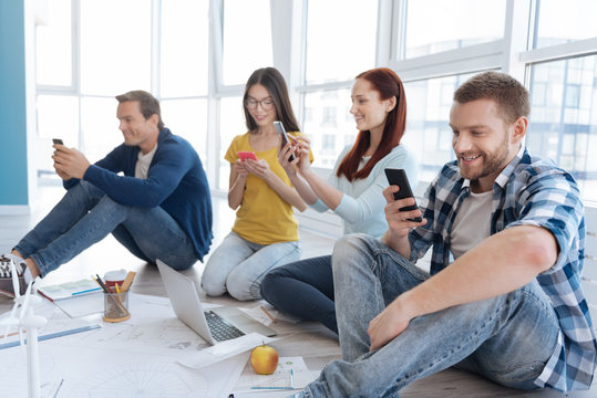 Happy positive people chatting in social media
