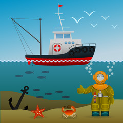 Fisherman s ship in the open sea. Diver under water on the seabed. Sea inhabitants and the lost anchor. Cartoon image. Vector
