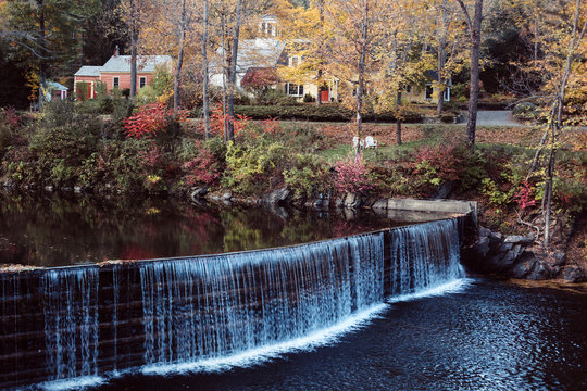 Rural village with waterfall, Guilford, Vermont, USA