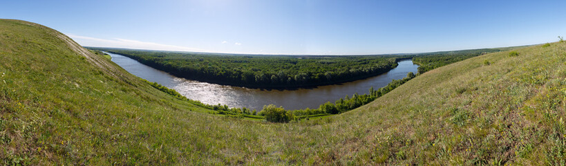 Panoramic view from the hills to the valley of the Don river. Landscape of the central part of Russia.