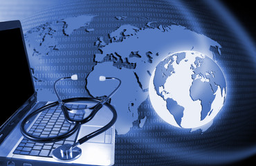 Isolated image of laptop and stethoscope closeup