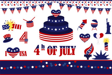 4th of July, Independence Day of the United States. Set of american icons. Vector Collection of Fourth of July Items