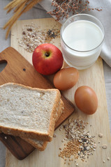 Above of Healthy Breakfast on Wooden Board Background
