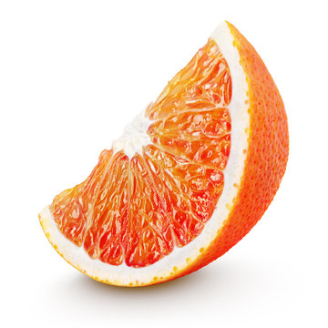 Ripe wedge of blood red orange citrus fruit isolated on white background. Sanguinello blood orange slice with clipping path