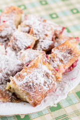 Cherry cake with powdered sugar on the plate