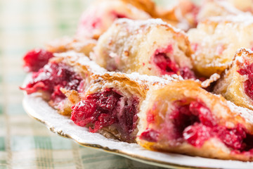 Closeup of homemade cherry cake with powdered sugar on the plate