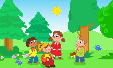 Four kids playing outside illustration