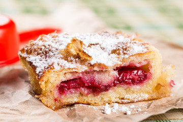 Closeup of homemade cherry cake with powdered sugar on the plate