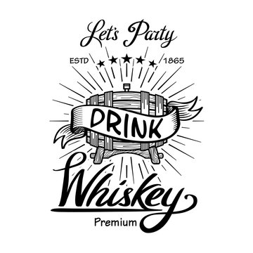Whiskey label vintage hand drawn border typography blackboard vector. Alcohol. Wooden barrels drinks signs. Typographic labels, badges with hand sketched kegs. 