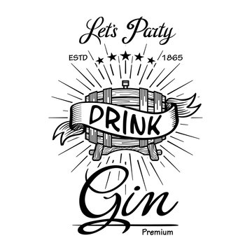 Gin label vintage hand drawn border typography blackboard vector. Alcohol. Wooden barrels drinks signs. Typographic badges with sketched kegs. Used for restaurant, cafe, bar menu. retro