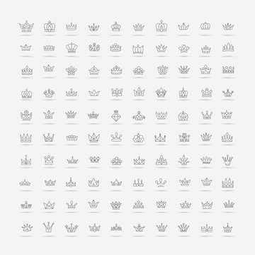 Vector heraldic elements design. A big set of black crowns. Hand drawn