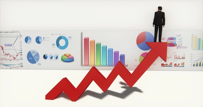 4k businessman standing on the top of 3d red positive trend arrow,finance pie charts & stock trend diagrams.
