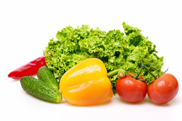 peppers, leafy vegetables or lettuce leaf with tomatoes and cucumber