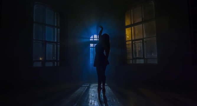 Ballerina in pointes dances against the window in moonlight. Silhouette