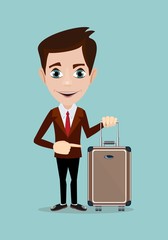businessman holding modern suitcase with wheels. Flat style. Stock vector illustration for poster, greeting card, website, ad, business presentation, advertisement design.