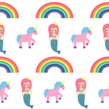 Seamless pattern with mermaids, unicorns and rainbows for kids holidays, textiles, interior design, fabric. Cute baby shower vector background. Child drawing style illustration.