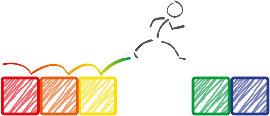 Vorsprung. M&auml;nnchen springt &uuml;ber Hindernis auf Vorsprung.