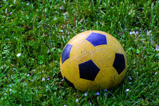 Soccer ball on the grass. Soccer ball at sunset vintage tone. Beautiful soccer ball photo.