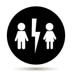 Divorced couple on circle. Man and woman characters quarrel. Symbol of  marriage problems.Quarrel. Vector illustration on black background