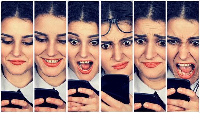 Woman using smart phone changing emotions