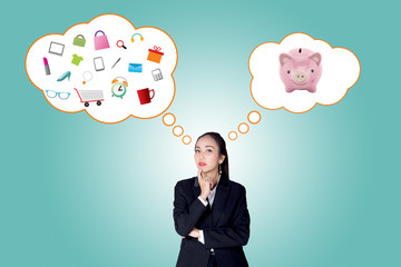 Woman thinking about shopping or saving on green color  background