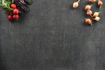 Fototapeta na wymiar vegetables on stone wood background for food