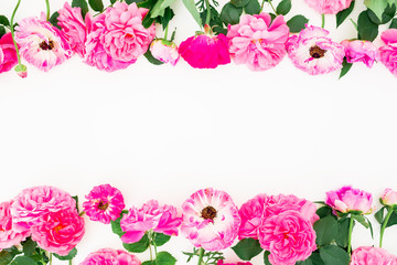 Frame of pink roses and leaves on white background. Flat lay, top view.