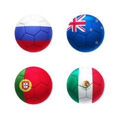 3D soccer ball Group A with Russia, Portugal, New Zealand, Mexico teams flags.