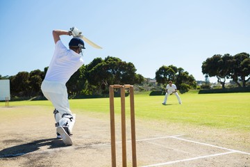 Fototapeta premium Rear view of player batting while playing cricket on field