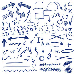 VETOR set of sketched icons. Elements for text correction or planning. Blue color
