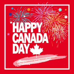 Happy Canada Day! Greeting card, poster, placard, with Firework, maple logo, red color of the Canadian flag. Canada day banner, Holiday Sale