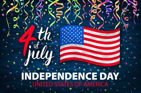 Illustration of Independence Day Vector Poster. 4th of July Lettering. American Red Flag on Blue Background with Stars and Confetti art