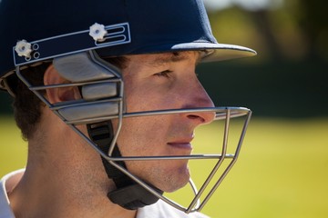Close up of cricketer wearing helmet