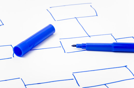 Blue Felt Tip Pen on a Diagram drawn on White Paper
