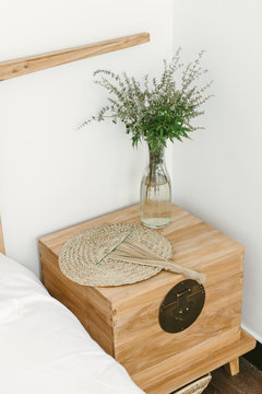 Close up of a bedside table