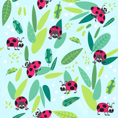 Seamless background with leaves and ladybugs